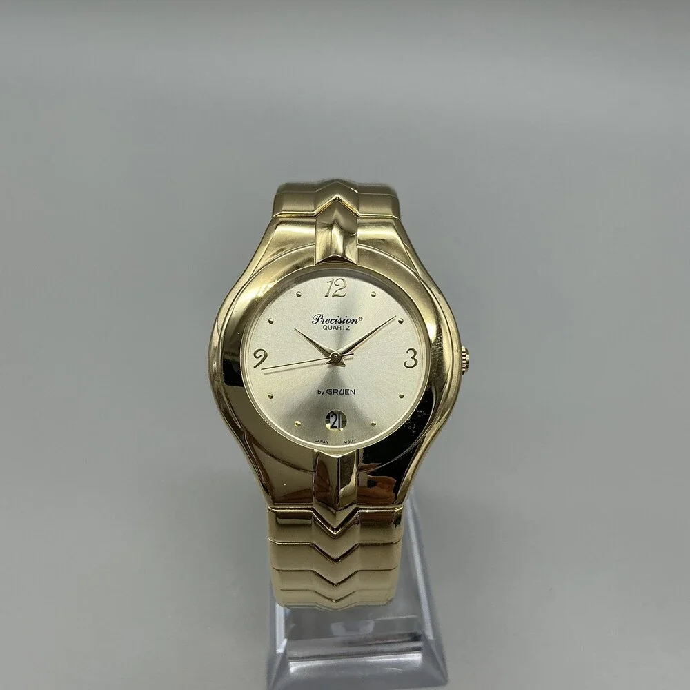 Gruen Precision Mens Watch 38mm Champagne Dial Gold Tone New Battery 7.5